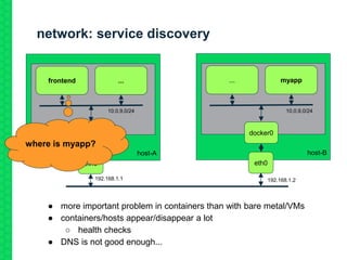 network: service discovery
host-A
frontend
eth0
docker0
...
host-B
...
eth0
docker0
myapp
192.168.1.1 192.168.1.2
10.0.9.0/24 10.0.9.0/24
where is myapp?
● more important problem in containers than with bare metal/VMs
● containers/hosts appear/disappear a lot
○ health checks
● DNS is not good enough...
 