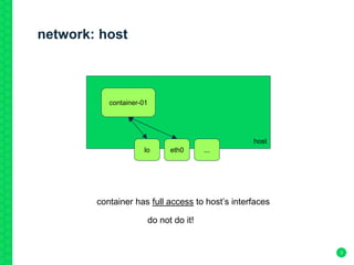 network: host
3
host
container-01
eth0lo ...
container has full access to host’s interfaces
do not do it!
 