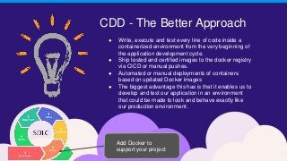 CDD - The Better Approach
● Write, execute and test every line of code inside a
containerized environment from the very beginning of
the application development cycle.
● Ship tested and certified images to the docker registry
via CICD or manual pushes.
● Automated or manual deployments of containers
based on updated Docker images
● The biggest advantage this has is that it enables us to
develop and test our application in an environment
that could be made to look and behave exactly like
our production environment.
Add Docker to
support your project
 