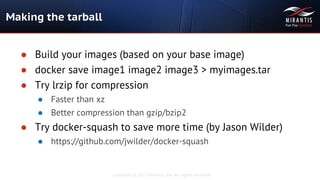 Copyright © 2015 Mirantis, Inc. All rights reserved
Making the tarball
● Build your images (based on your base image)
● docker save image1 image2 image3 > myimages.tar
● Try lrzip for compression
● Faster than xz
● Better compression than gzip/bzip2
● Try docker-squash to save more time (by Jason Wilder)
● https://github.com/jwilder/docker-squash
 