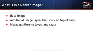 Copyright © 2015 Mirantis, Inc. All rights reserved
What is in a Docker image?
● Base image
● Additional image layers that stack on top of base
● Metadata (links to layers and tags)
 