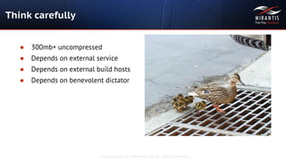 Copyright © 2015 Mirantis, Inc. All rights reserved
Think carefully
● 300mb+ uncompressed
● Depends on external service
● Depends on external build hosts
● Depends on benevolent dictator
 