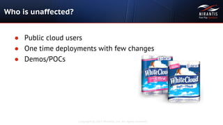 Copyright © 2015 Mirantis, Inc. All rights reserved
Who is unaffected?
● Public cloud users
● One time deployments with few changes
● Demos/POCs
 