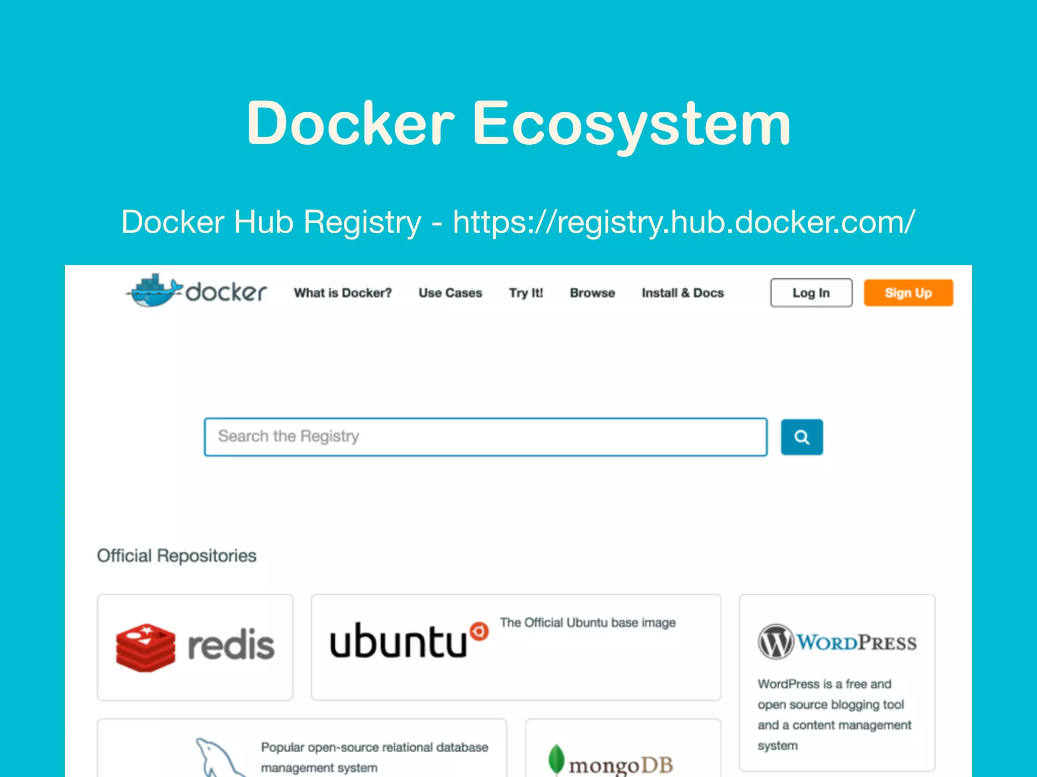Docker Ecosystem
Docker Hub Registry - https://registry.hub.docker.com/
 