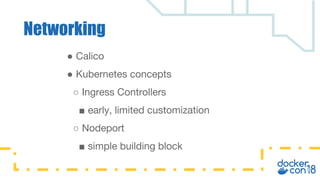 ● Calico
● Kubernetes concepts
○ Ingress Controllers
■ early, limited customization
○ Nodeport
■ simple building block
Networking
 