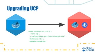 Upgrading UCP
docker container run --rm -it 
--name ucp 
-v /var/run/docker.sock:/var/run/docker.sock 
docker/ucp:3.0.1 
upgrade --interactive
 