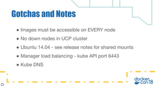 ● Images must be accessible on EVERY node
● No down nodes in UCP cluster
● Ubuntu 14.04 - see release notes for shared mounts
● Manager load balancing - kube API port 6443
● Kube DNS
Gotchas and Notes
 
