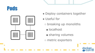 Pods
● Deploy containers together
● Useful for
○ breaking up monoliths
■ localhost
■ sharing volumes
○ metric exporters
 