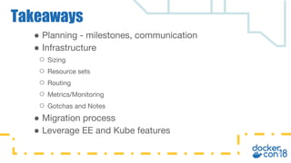 ● Planning - milestones, communication
● Infrastructure
○ Sizing
○ Resource sets
○ Routing
○ Metrics/Monitoring
○ Gotchas and Notes
● Migration process
● Leverage EE and Kube features
Takeaways
 