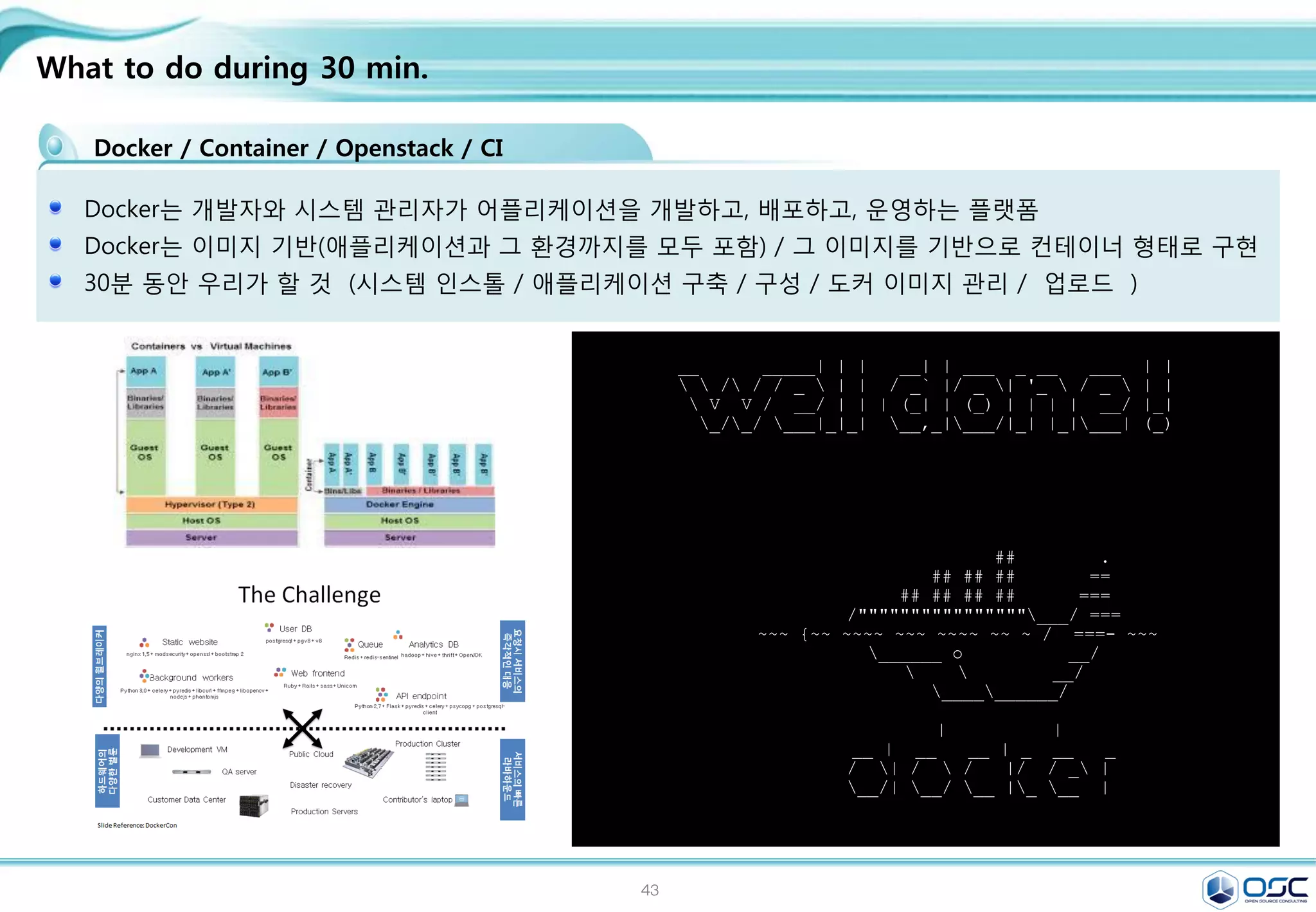 43
Contents
3. docker 구축 기초 [ 30분]
4. 오픈스택에 docker를 연결 [ 30분]
1. Openstack 인프라 구축 (4 node 구성) [ 30분]
2. Openstack 위에 VM 생성 [ 20분 ]
5. Docker로 WEB서비스 구축 [ 15분]
6.
7. Docker로 jenkins 구현 [30분]
Openstack 위에 Docker로 WEB서비스 구축 [ 15분]
 