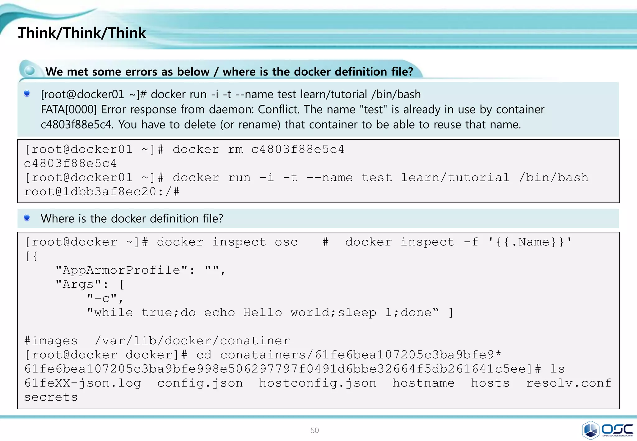 50
What to do during 30 min.
Docker / Container / Openstack / CI
Docker는 개발자와 시스템 관리자가 어플리케이션을 개발하고, 배포하고, 운영하는 플랫폼
Docker는 이미지 기반(애플리케이션과 그 환경까지를 모두 포함) / 그 이미지를 기반으로 컨테이너 형태로 구현
30분 동안 우리가 할 것 (시스템 인스톨 / 애플리케이션 구축 / 구성 / 도커 이미지 관리 / 업로드 )
__ _____| | | __| | ___ _ __ ___ | |
  / / / _  | | / _` |/ _ | '_  / _  | |
 V V / __/ | | | (_| | (_) | | | | __/ |_|
_/_/ ___|_|_| __,_|___/|_| |_|___| (_)
## .
## ## ## ==
## ## ## ## ===
/""""""""""""""""___/ ===
~~~ {~~ ~~~~ ~~~ ~~~~ ~~ ~ / ===- ~~~
______ o __/
  __/
__________/
| |
__ | __ __ | _ __ _
/ | /  / |/ / _ |
__/| __/ __ |_ __ |
 