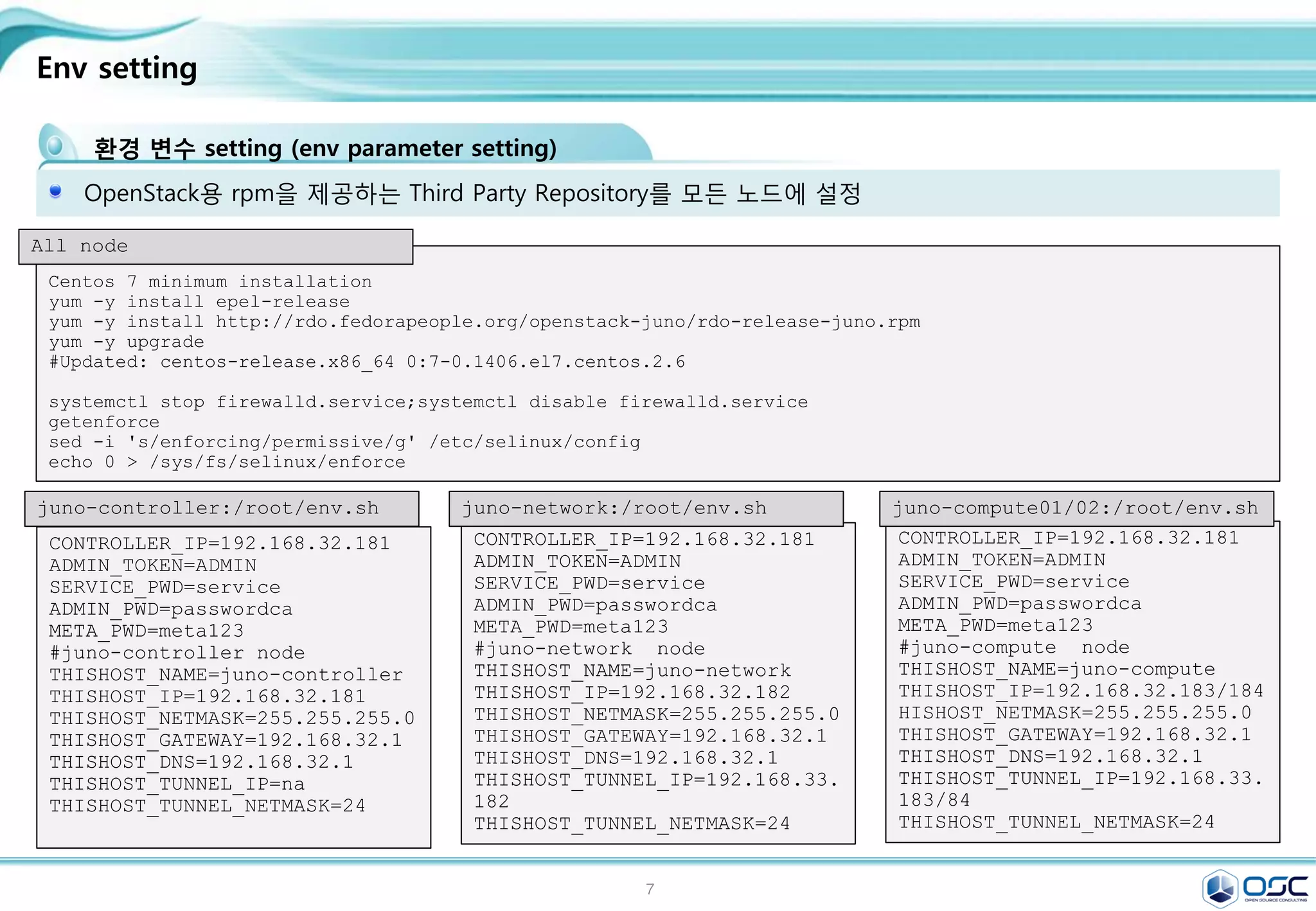 7
openstack 구축시 log 보는법
conf 파일에 verbose=true 옵션을 걸어 더 상세히 볼수 있음.
openstack의 대부분 내용은 /var/log/messages에 나옴.
verboase=ture option을 주면 /var/log/messages가 각자 원하는 /var/#service/#service.log가 나옴 .
그리고 /var/log/messages에 error뿐 아니라 동작 내용까지 모두 기록됨.
http://docs.openstack.org/juno http://behindtheracks.com/category/juno/
기존 log ( /var/log/cinder/scheduler.log)
2015-03-13 03:09:12.360 1148 INFO oslo.messaging._drivers.impl_rabbit [req-844f54aa-6201-4fc4-b321-c6ab2012c296 - -
- - -] Connecting to AMQP server on 192.168.32.181:5672
2015-03-13 03:09:12.433 1148 ERROR oslo.messaging._drivers.impl_rabbit [req-844f54aa-6201-4fc4-b321-c6ab2012c296 -
- - - -] AMQP server on 192.168.32.181:5672 is unreachable: [Errno 111] ECONNREFUSED. Trying again in 3 seconds.
verbose=true option 적용시 (/var/log/cinder/scheduler.log)
2015-03-13 06:20:18.812 18581 INFO cinder.service [-] Starting cinder-scheduler node (version 2014.2.1)
2015-03-13 06:20:18.816 18581 INFO oslo.messaging._drivers.impl_rabbit [req-1d1a9b9c-3658-4f76-8dc1-3d74b2028a36 -
- - - -] Connecting to AMQP server on 192.168.32.181:5672
2015-03-13 06:20:18.837 18581 INFO oslo.messaging._drivers.impl_rabbit [req-1d1a9b9c-3658-4f76-8dc1-3d74b2028a36 -
- - - -] Connected to AMQP server on 192.168.32.181:5672
2015-03-13 06:20:19.291 18581 INFO oslo.messaging._drivers.impl_rabbit [-] Connecting to AMQP server on
192.168.32.181:5672
2015-03-13 06:20:19.303 18581 INFO oslo.messaging._drivers.impl_rabbit [-] Connected to AMQP server on
192.168.32.181:5672
2015-03-13 06:20:50.814 18581 WARNING cinder.scheduler.host_manager [req-00223525-0c03-4c5d-ae9b-690ae0a10e72
d13d86ad609d4a9a8d9a84b36b954a69 3c40224ㅁ5243f443ebc2aa39605641be1 - - -] volume service is down. (host: juno-
compute)
2015-03-13 06:20:50.814 18581 WARNING cinder.scheduler.filter_scheduler [req-00223525-0c03-4c5d-ae9b-690ae0a10e72
d13d86ad609d4a9a8d9a84b36b954a69 3c402245243f443ebc2aa39605641be1 - - -] No weighed hosts found for volume with
properties: {}
2015-03-13 06:20:50.816 18581 ERROR cinder.scheduler.flows.create_volume [req-00223525-0c03-4c5d-ae9b-690ae0a10e72
d13d86ad609d4a9a8d9a84b36b954a69 3c402245243f443ebc2aa39605641be1 - - -] Failed to run task
cinder.scheduler.flows.create_volume.ScheduleCreateVolumeTask;volume:create: No valid host was found. No weighed
hosts available
 