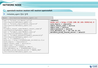 27
CONTROLLER NODE SETTING
openstack-cinder/ python-cinderclient / python-oslo-db
cinder controller start
#start cinder controller
su -s /bin/sh -c "cinder-manage db sync" cinder
systemctl enable openstack-cinder-api.service openstack-cinder-scheduler.service
systemctl start openstack-cinder-api.service openstack-cinder-scheduler.service
 