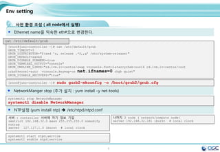 6
What to do during 30 min.
OpenStack Juno Install with Neutron on CentOS 7
후에 최종적으로 4 node configuration으로 변환될 예정임. (+1 compute node)
http://docs.openstack.org/juno http://behindtheracks.com/category/juno/
첫번째 eth0에는 각기 아래 ip가 부여됩니다.(Mgt network)
• juno-controller: 192.168.32.181 / juno-network: 192.168.32.182
• juno-compute01: 192.168.32.183 / juno-compute02: 192.168.32.184
두번째 eth1에는 각기 아래 ip가 부여됩니다. (tunneling network)
* juno-network: 192.168.33.182 / juno-compute01: 192.168.33.183 / juno-compute02: 192.168.33.184
세번째 eth2에는 floating IP를 가지게 됩니다. (public network-floating)
* juno-network: pulbic IP는 따로 IP를 주지 않음.
 