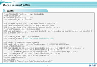 80
Getting started with Compose and Wordpress
Install MySQL and WordPress Using Docker
Dockerfile 구성과 compose 파일 구성
[root@docker01 wordpress]# cat Dockerfile
FROM orchardup/php5
ADD . /code
[root@docker01 wordpress]# cat docker-compose.yml
web:
build: .
command: php -S 0.0.0.0:8000 -t /code
ports:
- "8000:8000"
links:
- db
volumes:
- .:/code
db:
image: orchardup/mysql
environment:
MYSQL_DATABASE: wordpress
 