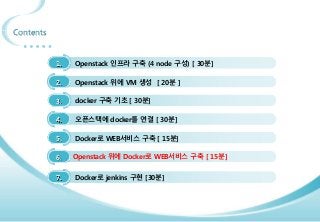 87
Contents
3. docker 구축 기초 [ 30분]
4. 오픈스택에 docker를 연결 [ 30분]
1. Openstack 인프라 구축 (4 node 구성) [ 30분]
2. Openstack 위에 VM 생성 [ 20분 ]
5. Docker로 WEB서비스 구축 [ 15분]
6.
7. Docker로 jenkins 구현 [30분]
Openstack 위에 Docker로 WEB서비스 구축 [ 15분]
 
