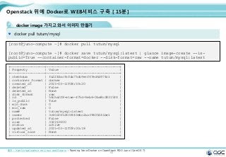93
Openstack 위에 Docker로 WEB서비스 구축 [ 15분]
docker image 가지고 와서 이미지 만들기
docker pull tutum/mysql
[root@juno-compute ~]# docker pull tutum/mysql
[root@juno-compute ~]# docker save tutum/mysql:latest | glance image-create --is-
public=True --container-format=docker --disk-format=raw --name tutum/mysql:latest
출처 : Xen Virtualization on Linux and Solaris : Running Nova-Docker on OpenStack RDO Juno (CentOS 7)
+------------------+--------------------------------------+
| Property | Value |
+------------------+--------------------------------------+
| checksum | fa22fdac9cfda75cb9ecf67ed6d974c1 |
| container_format | docker |
| created_at | 2015-03-11T08:59:20 |
| deleted | False |
| deleted_at | None |
| disk_format | raw |
| id | 54c5a2f8-e1ae-475d-9eb6-0be8c38315f4 |
| is_public | True |
| min_disk | 0 |
| min_ram | 0 |
| name | tutum/mysql:latest |
| owner | 3c402245243f443ebc2aa39605641be1 |
| protected | False |
| size | 332313600 |
| status | active |
| updated_at | 2015-03-11T09:00:18 |
| virtual_size | None |
+------------------+--------------------------------------+
 