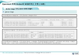 94
Openstack 위에 Docker로 WEB서비스 구축 [ 15분]
docker image 가지고 와서 이미지 만들기
glance image
[root@juno-compute ~]# glance image-list
+--------------------------------------+---------------------+-------------+------------------+-----------+--------+
| ID | Name | Disk Format | Container Format | Size | Status |
+--------------------------------------+---------------------+-------------+------------------+-----------+--------+
| 707b9dfc-68e4-4a9c-b7bc-708127473a56 | centos7 | qcow2 | bare | 989069312 | active |
| 43d87a3d-e1da-4eac-86d3-33a8a4a0e62d | cirros-0.3.3-x86_64 | qcow2 | bare | 13200896 | active |
| 54c5a2f8-e1ae-475d-9eb6-0be8c38315f4 | tutum/mysql:latest | raw | docker | 332313600 | active |
| 570f59ed-a227-43b7-9be1-3ad9b85f49a7 | tutum/wordpress | raw | docker | 492773376 | active |
+--------------------------------------+---------------------+-------------+------------------+-----------+--------+
출처 : Xen Virtualization on Linux and Solaris : Running Nova-Docker on OpenStack RDO Juno (CentOS 7)
[root@juno-compute ~]# nova boot --image "tutum/mysql:latest" --flavor m1.tiny --key-
name osc --nic net-id=00f8214c-fd7a-43f6-b469-6b78492adfff WordPress
[root@juno-compute ~]# neutron net-list
+--------------------------------------+-----------+-----------------------------------------------------+
| id | name | subnets |
+--------------------------------------+-----------+-----------------------------------------------------+
| 00f8214c-fd7a-43f6-b469-6b78492adfff | admin-net | a16ec435-0daa-4959-82c9-b6b6f50b9627 10.0.1.0/24 |
| 39e1abb0-d9bf-4f78-8cc6-88f0267e2b09 | ext-net | b74b68c0-84e7-4506-9169-1a1ff72ceb6f 192.168.0.0/24 |
| ddba5520-bc65-4762-a531-b1bfacd1b11e | test | b9bfb210-7c24-4c3c-809f-75cde2e5dd6f 10.0.2.0/24 |
+--------------------------------------+-----------+-----------------------------------------------------+
 
