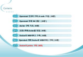 97
Contents
3. docker 구축 기초 [ 30분]
4. 오픈스택에 docker를 연결 [ 30분]
1. Openstack 인프라 구축 (4 node 구성) [ 30분]
2. Openstack 위에 VM 생성 [ 20분 ]
5. Docker로 WEB서비스 구축 [ 30분]
6.
7. Docker로 jenkins 구현 [30분]
Openstack 위에 Docker로 WEB서비스 구축 [ 15분]
 