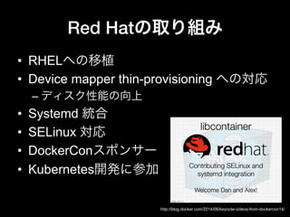 Red Hatの取り組み
•  RHELへの移植
•  Device mapper thin-provisioning への対応
– ディスク性能の向上
•  Systemd 統合
•  SELinux 対応
•  DockerConスポンサー
•  Kubernetes開発に参加
http://blog.docker.com/2014/06/keynote-videos-from-dockercon14/
 