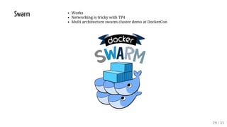Swarm Works
Networking is tricky with TP4
Multi architecture swarm cluster demo at DockerCon
29 / 35
 