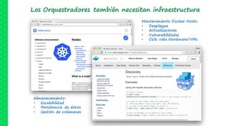 Los Orquestradores también necesitan infraestructura
Almacenamiento:
• Escalabilidad
• Persistencia de datos
• Gestión de volúmenes
Mantenimiento Docker Hosts:
• Despliegue
• Actualizaciones
• Vulnerabilidades
• Ciclo vida Hardware/VMs
 