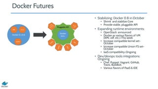 Docker Futures
• Stabilizing: Docker 0.8 in October
• Shrink and stabilize Core
• Provide stable, pluggable API
• Expanding runtime environments:
• OpenStack: announced
• Docker as various flavors of VM
(AMI, vdf, etc.)-This week
• Increase compatible kernel set-
October
• Increase compatible Union FS set-
October
• IaaS compatibility-Ongoing
• Dev/devops tools integrations:
Ongoing
• Chef, Puppet, Vagrant, GitHub,
Travis, Buildbot,
• Various flavors of PaaS & IDE
 