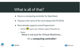 What is all of that?
● Nova is a computing controller for OpenStack
● Havana is the name of the next release (10/17/2013)
● Nova already supports several hypervisors:
○ KVM (through qemu), Xen, VMWare, HyperV, PowerVM, etc...
○ Docker
Sep 2013
Nova is not just for Virtual Machines...
it’s a computing controller!
 