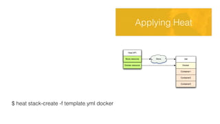$ cat template.yml 
heat_template_version: 2013-05-23 
description: Single compute instance running cirros in a Docker 
container. 
resources: 
my_instance: 
type: OS::Nova::Server 
properties: 
key_name: ewindisch_key 
image: ubuntu-precise 
flavor: m1.large 
user_data: #include https://get.docker.io 
my_docker_container: 
type: DockerInc::Docker::Container 
docker_endpoint: { get_attr: [my_instance, first_address] } 
image: cirros 
$ heat stack-create -f template.yml docker 
Heat API 
VM 
Docker 
Nova resource Nova 
Docker resource 
Container1 
Container2 
Container3 
HOT 
Applying Heat 
 