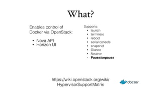 What? 
Enables control of 
Docker via OpenStack: 
• Nova API 
• Horizon UI 
Supports: 
• launch 
• terminate 
• reboot 
• serial console 
• snapshot 
• Glance 
• Neutron 
• Pause/unpause 
https://wiki.openstack.org/wiki/ 
HypervisorSupportMatrix 
 