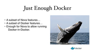 Just Enough Docker 
• A subset of Nova features… 
• A subset of Docker features… 
• Enough for Nova to allow running 
Docker-in-Docker. 
 
