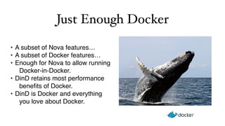 Just Enough Docker 
• A subset of Nova features… 
• A subset of Docker features… 
• Enough for Nova to allow running 
Docker-in-Docker. 
• DinD retains most performance 
benefits of Docker. 
• DinD is Docker and everything 
you love about Docker. 
 