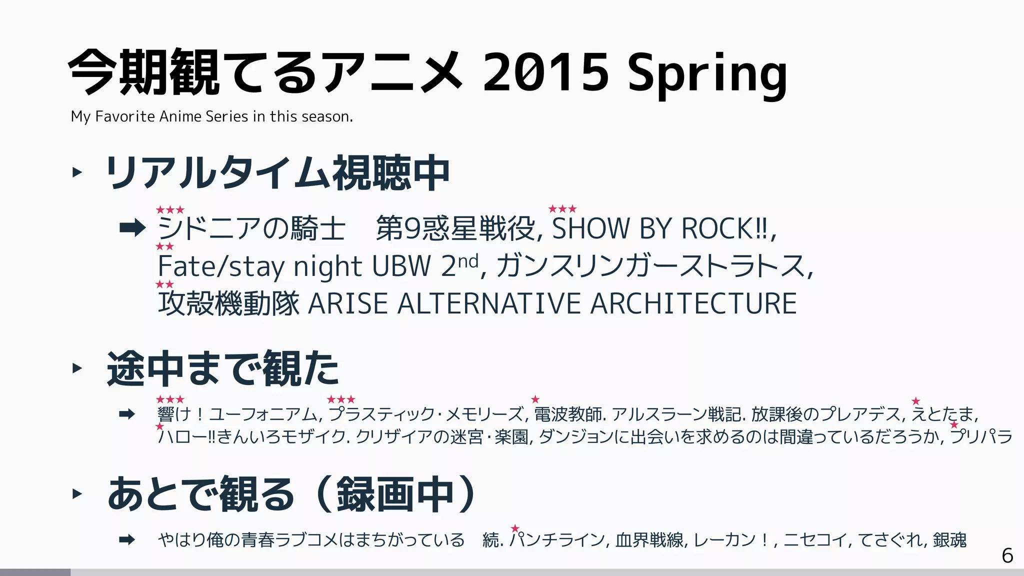 6
‣ リアルタイム視聴中
シドニアの騎士 第9惑星戦役, SHOW BY ROCK!!,
Fate/stay night UBW 2nd, ガンスリンガーストラトス,
攻殻機動隊 ARISE ALTERNATIVE ARCHITECTURE
‣ 途中まで観た
響け！ユーフォニアム, プラスティック・メモリーズ, 電波教師. アルスラーン戦記. 放課後のプレアデス, えとたま,
ハロー!!きんいろモザイク. クリザイアの迷宮・楽園, ダンジョンに出会いを求めるのは間違っているだろうか, プリパラ
‣ あとで観る（録画中）
やはり俺の青春ラブコメはまちがっている 続. パンチライン, 血界戦線, レーカン！, ニセコイ, てさぐれ, 銀魂
今期観てるアニメ 2015 Spring
My Favorite Anime Series in this season.
★★★★★★
★★
★★
★★★ ★★★ ★
★★
★
★
 