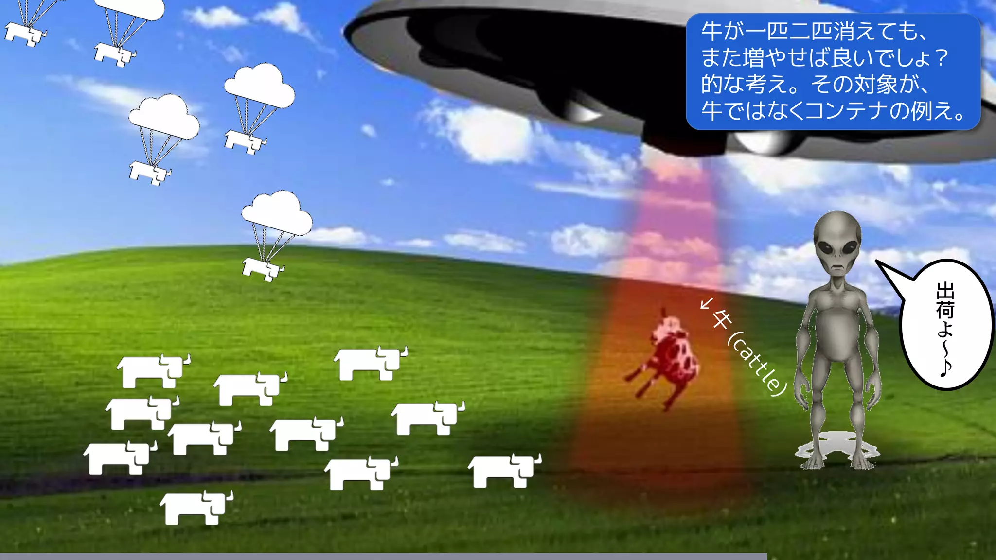 牛が一匹二匹消えても、
また増やせば良いでしょ？
的な考え。その対象が、
牛ではなくコンテナの例え。
 