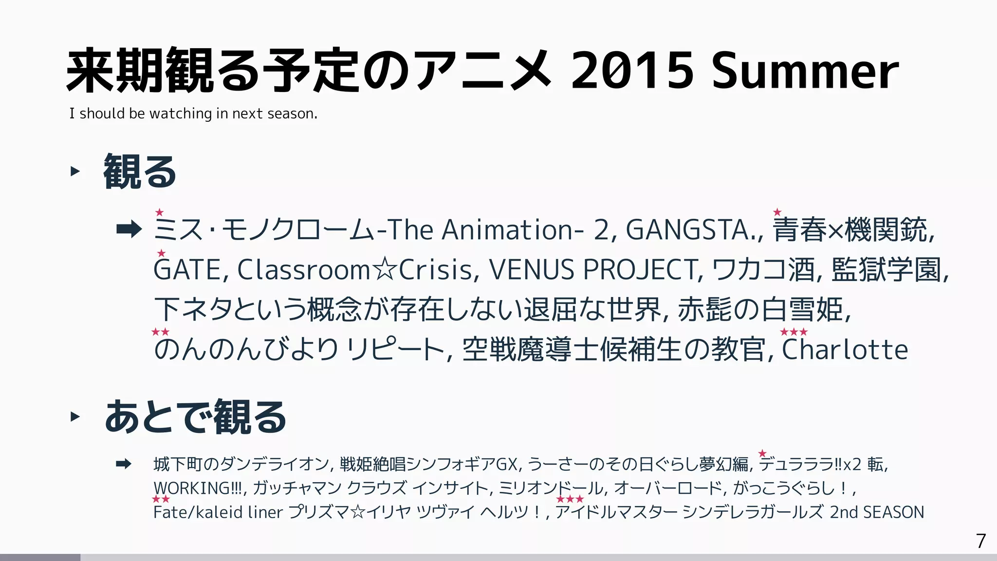 7
‣ 観る
ミス・モノクローム-The Animation- 2, GANGSTA., 青春×機関銃,
GATE, Classroom☆Crisis, VENUS PROJECT, ワカコ酒, 監獄学園,
下ネタという概念が存在しない退屈な世界, 赤髭の白雪姫,
のんのんびより リピート, 空戦魔導士候補生の教官, Charlotte
‣ あとで観る
城下町のダンデライオン, 戦姫絶唱シンフォギアGX, うーさーのその日ぐらし夢幻編, デュラララ!!x2 転,
WORKING!!!, ガッチャマン クラウズ インサイト, ミリオンドール, オーバーロード, がっこうぐらし！,
Fate/kaleid liner プリズマ☆イリヤ ツヴァイ ヘルツ！, アイドルマスター シンデレラガールズ 2nd SEASON
来期観る予定のアニメ 2015 Summer
I should be watching in next season.
★★★
★★★★★
★★
★
★
★
★
 