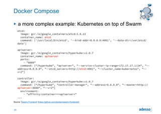 Docker Compose
► a more complex example: Kubernetes on top of Swarm
etcd:
image: gcr.io/google_containers/etcd:2.0.13
container_name: etcd
command: ['/usr/local/bin/etcd', '--bind-addr=0.0.0.0:4001', '--data-dir=/var/etcd/
data']
apiserver:
image: gcr.io/google_containers/hyperkube:v1.0.7
container_name: apiserver
ports:
- "8080"
command: ["/hyperkube", "apiserver", "--service-cluster-ip-range=172.17.17.1/24", "--
address=0.0.0.0", "--etcd_servers=http://etcd:4001", "--cluster_name=kubernetes", "--
v=2"]
controller:
image: gcr.io/google_containers/hyperkube:v1.0.7
command: ["/hyperkube", "controller-manager", "--address=0.0.0.0", "--master=http://
apiserver:8080", "--v=2"]
environment:
- "affinity:container==*apiserver*"
...
Source 'Swarm Frontend’ (https://github.com/docker/swarm-frontends)
25
 