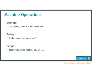 Machine Operations
• Operate
- List, Start, Stop and Kill machines
• Debug
- docker-machine ssh node-2
• Script
- docker-machine toolkit: ip, url, …
Source: Recap from DockerCon US 2015
 