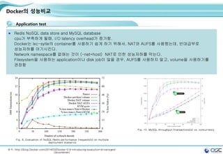 15
Docker의 성능비교
Application test
Redis NoSQL data store and MySQL database
cpu가 부족하게 될때, I/O latency overhead가 증가함.
Docker는 lxc-sytle의 container를 사용하기 쉽게 하기 위해서, NAT와 AUFS를 사용했는데, 반대급부로
성능저하를 야기시킨다.
Network namespace를 없애는 것이 (-net=host) NAT로 인한 성능저하를 막는다.
Filesystem을 사용하는 application이나 disk job이 많을 경우, AUFS를 사용하지 말고, volume을 사용하기를
권장함
출처: http://blog.Docker.com/2014/03/Docker-0-9-introducing-execution-drivers-and-
libcontainer/
Fig. 8. Evaluation of NoSQL Redis performance (requests/s) on multiple
deployment scenarios
Fig. 10. MySQL throughput (transactions/s) vs. concurrency
 