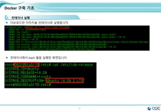 25
Docker 구축 기초
다운로드한 이미지를 컨테이너로 실행합니다
컨테이너 실행
컨테이너에서 bash 쉘을 실행한 화면입니다
 