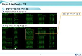 29
Docker로 WebService 구축
컨테이너 구동을 위한 이미지 생성
생성된 이미지 정보 확인합니다
모든 이미지 리스트를 확인합니다
중간과정의 이미지가 보존 됨
 