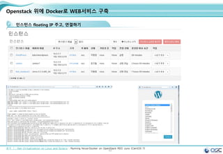 53
Openstack 위에 Docker로 WEB서비스 구축
인스턴스 floating IP 주고, 연결하기
출처 ㅣ: Xen Virtualization on Linux and Solaris : Running Nova-Docker on OpenStack RDO Juno (CentOS 7)
 