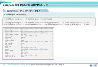 56
Openstack 위에 Docker로 WEB서비스 구축
docker image 가지고 와서 이미지 만들기
docker pull tutum/mysql
[root@juno-compute ~]# docker pull tutum/mysql
[root@juno-compute ~]# docker save tutum/mysql:latest | glance image-create --is-
public=True --container-format=docker --disk-format=raw --name tutum/mysql:latest
출처 ㅣ: Xen Virtualization on Linux and Solaris : Running Nova-Docker on OpenStack RDO Juno (CentOS 7)
+------------------+--------------------------------------+
| Property | Value |
+------------------+--------------------------------------+
| checksum | fa22fdac9cfda75cb9ecf67ed6d974c1 |
| container_format | docker |
| created_at | 2015-03-11T08:59:20 |
| deleted | False |
| deleted_at | None |
| disk_format | raw |
| id | 54c5a2f8-e1ae-475d-9eb6-0be8c38315f4 |
| is_public | True |
| min_disk | 0 |
| min_ram | 0 |
| name | tutum/mysql:latest |
| owner | 3c402245243f443ebc2aa39605641be1 |
| protected | False |
| size | 332313600 |
| status | active |
| updated_at | 2015-03-11T09:00:18 |
| virtual_size | None |
+------------------+--------------------------------------+
 