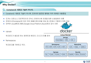 6
Why Docker?
Containers는 새로운 기술이 아니다.
Conatiner는 새로운 기술이 아니며, 인프라의 발전된 형태로 이미 대부분 사용중임.
도커는 오픈소스 프로젝트이자 리눅스 컨테이너에 초점을 맞춘 신생업체의 이름
컨테이너(Container)란 여러 개의 애플리케이션을 단일 호스트에서 구동하기 위한 개념
대부분 cloud환경( AWS,Google Cloud Platform,Azure)에서 공식 지원
cgoups
워크로드가 필요로 하는 컴퓨트와 메모리, 디스크 I/O를 정의
Namespaces
워크로드를 구분하고 격리.
 