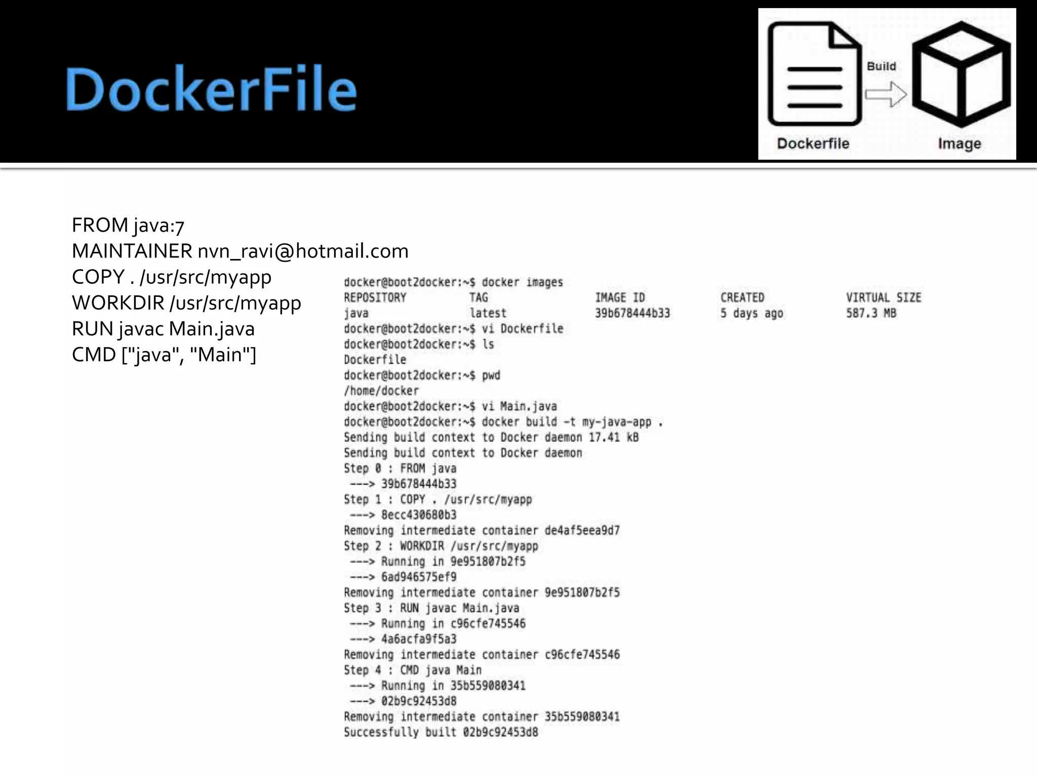FROM java:7
MAINTAINER nvn_ravi@hotmail.com
COPY . /usr/src/myapp
WORKDIR /usr/src/myapp
RUN javac Main.java
CMD ["java", "Main"]
 