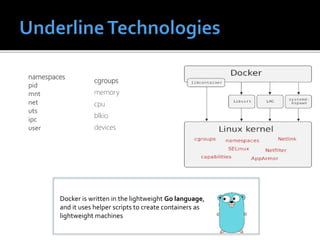 namespaces
pid
mnt
net
uts
ipc
user
cgroups
memory
cpu
blkio
devices
Docker is written in the lightweight Go language,
and it uses helper scripts to create containers as
lightweight machines
 