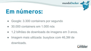 Em números:
● Google: 3.300 containers por segundo
● 30.000 containers em 1.000 nós
● 1,2 bilhões de downloads de imagens em 3 anos.
● Imagem mais utilizada: busybox com 46,3M de
downloads.
 