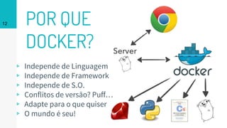POR QUE
DOCKER?
12
▹ Independe de Linguagem
▹ Independe de Framework
▹ Independe de S.O.
▹ Conflitos de versão? Puff…
▹ Adapte para o que quiser
▹ O mundo é seu!
 