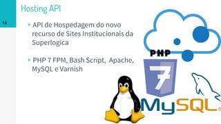 Hosting API
▹API de Hospedagem do novo
recurso de Sites Institucionais da
Superlogica
▹PHP 7 FPM, Bash Script, Apache,
MySQL e Varnish
19
 