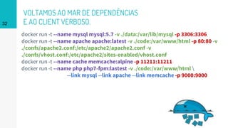 VOLTAMOS AO MAR DE DEPENDÊNCIAS
E AO CLIENT VERBOSO.
docker run -t --name mysql mysql:5.7 -v ./data:/var/lib/mysql -p 3306:3306
docker run -t --name apache apache:latest -v ./code:/var/www/html -p 80:80 -v
./confs/apache2.conf:/etc/apache2/apache2.conf -v
./confs/vhost.conf:/etc/apache2/sites-enabled/vhost.conf
docker run -t --name cache memcache:alpine -p 11211:11211
docker run -t --name php php7-fpm:lastest -v ./code:/var/www/html 
--link mysql --link apache --link memcache -p 9000:9000
32
 