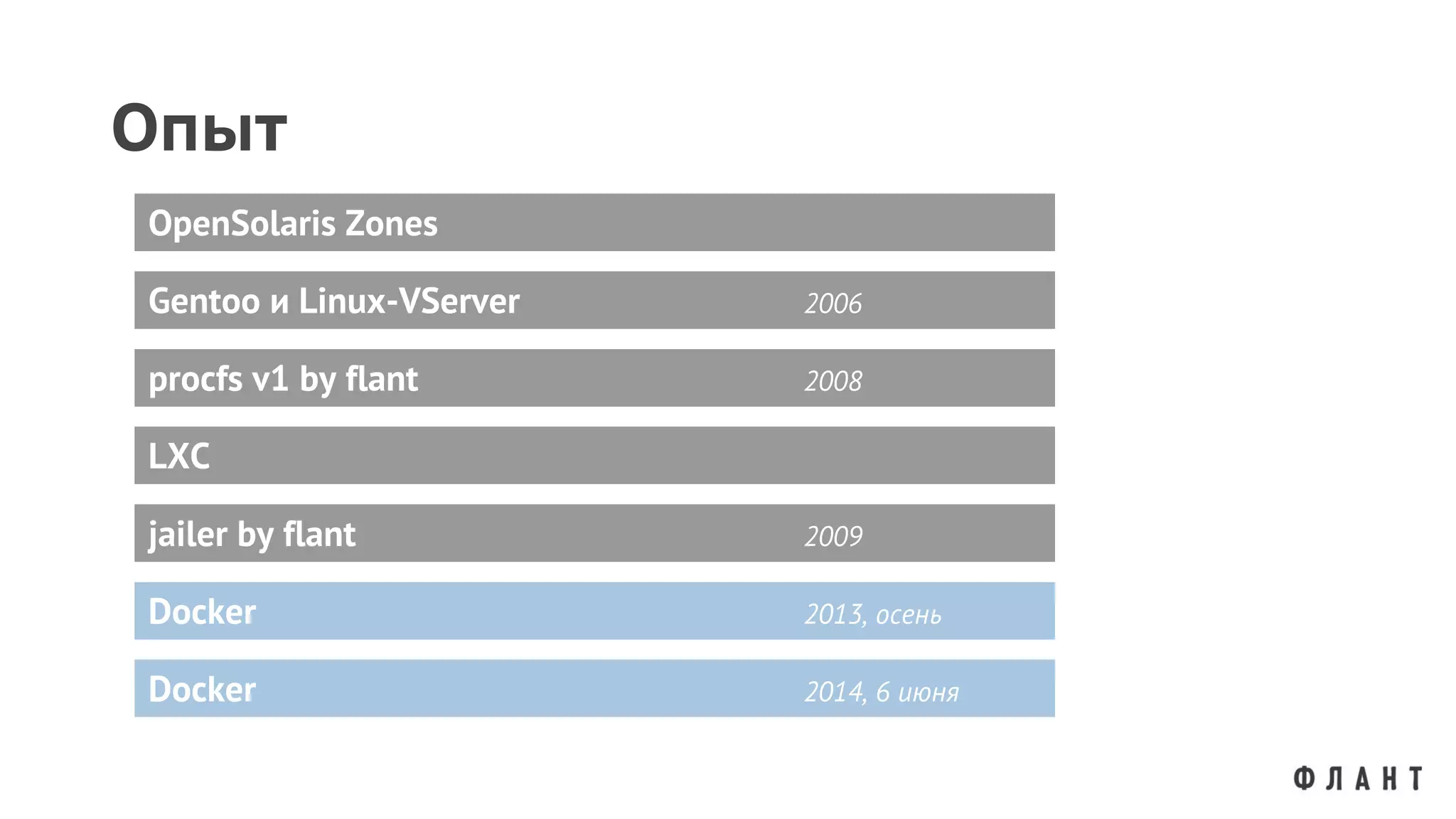 Опыт
Gentoo и Linux-VServer 2006
OpenSolaris Zones
procfs v1 by flant 2008
jailer by flant 2009
LXC
Docker 2013, осень
Docker 2014, 6 июня
 